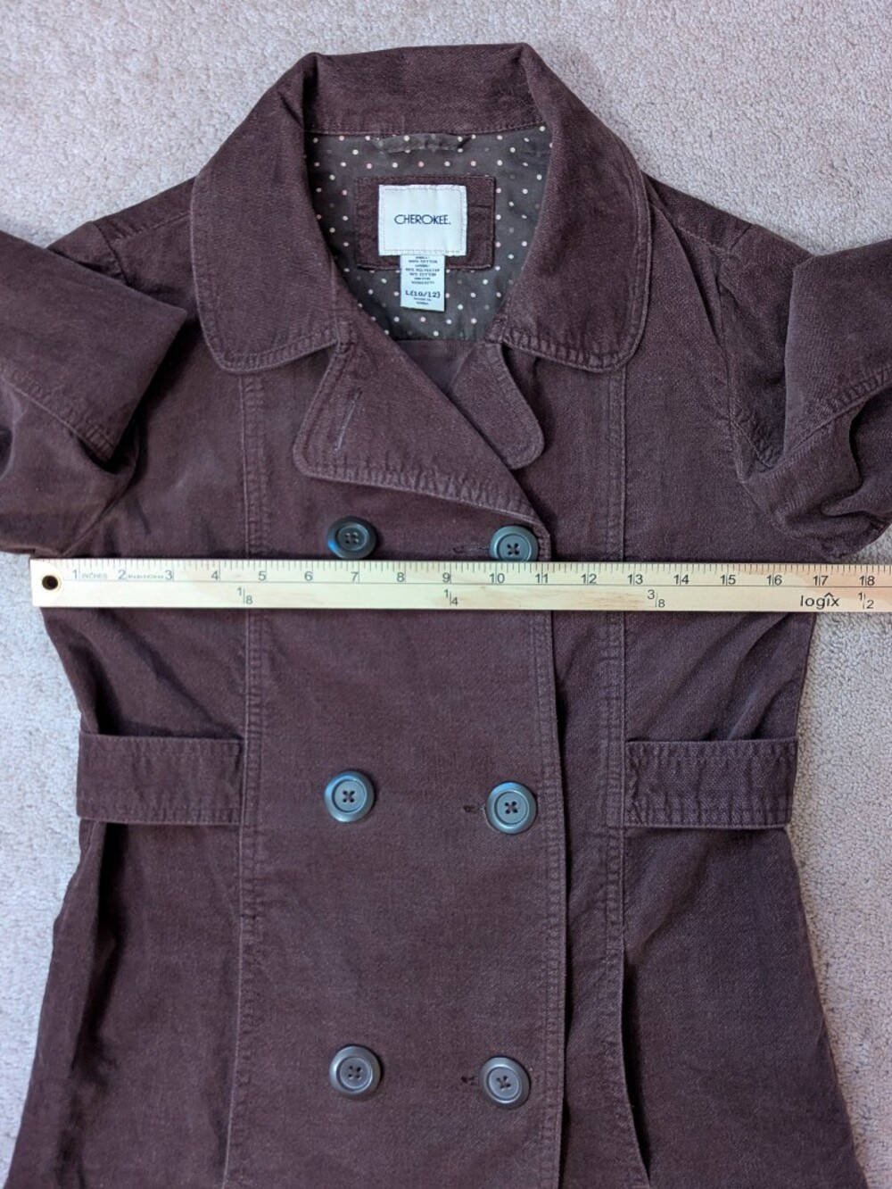 Vintage Y2K Cherokee Brown Corduroy Pea Coat Jacket Double Breasted - Picture 6 of 7
